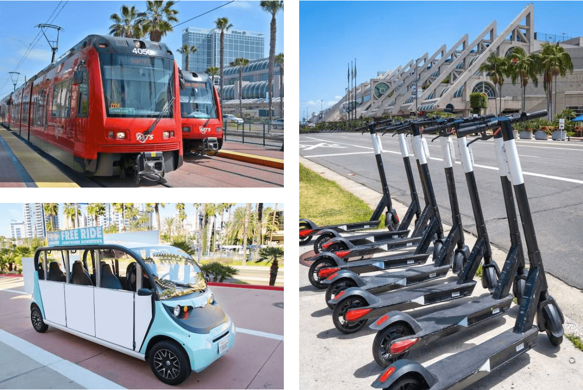 Clockwise from top left: MTS Trolley has two stops in front of the Convention Center; dockless scooters are often available nearby and can be rented via mobile apps; Free Ride Everywhere Downtown (FRED) is a fun and convenient way to get around - for a ride, flag them down anytime you see the vehicle.